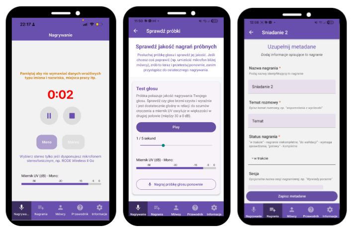 Aplikacja mobilna CLARIN: trzy ekrany aplikacji Android